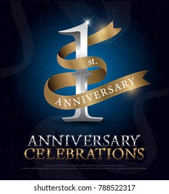 1st Year Anniversary Celebration Silver And Gold Logo With Golden Ribbon On Dark Blue Background. Vector Illustrator