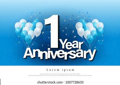 1st year anniversary greeting card lettering template with balloon and confetti. Design for invitation card, banner, web, header and flyer. vector illustrator