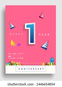 1st Year Anniversary invitation Design, with gift box and balloons, ribbon, Colorful Vector template elements for birthday celebration party.