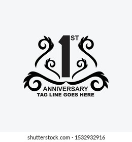 1st year anniversary logo, celebrating with black colors and isolated on white background, vector design.eps10