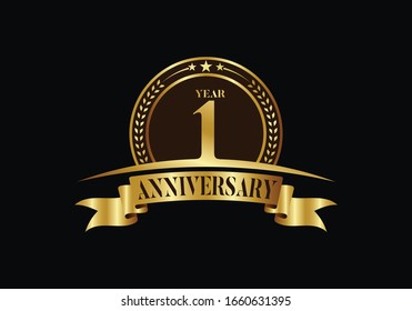 1st year anniversary logo template, vector design birthday celebration, Golden anniversary emblem with ribbon. Design for a booklet, leaflet, magazine, brochure, poster, web, invitation or greeting