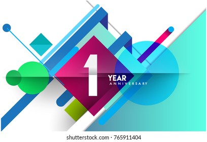 1st year anniversary logo, vector design birthday celebration with colorful geometric isolated on white background.