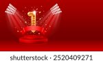 1st Year Anniversary or 1st place and win celebration. Number 1 in the form of golden balloon. 3D realistic golden numeral one, ribbon, confetti, above red podium, red background. Vector illustration