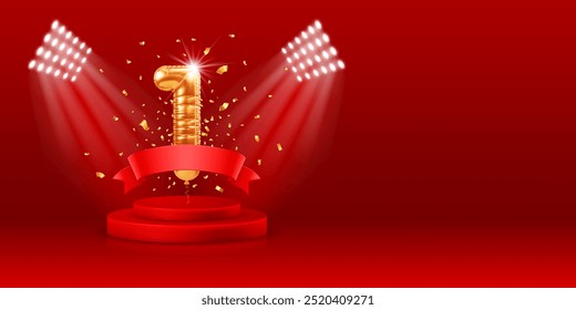 1º Aniversário de Ano ou 1º lugar e ganhar celebração. Número 1 na forma de balão dourado. 3D realista dourado numeral um, fita, confete, acima do pódio vermelho, fundo vermelho. Ilustração vetorial