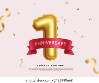 1st year anniversary vector design. Happy anniversary first celebration with gold number 1 balloon and greeting text in red ribbon decoration elements. Vector illustration party celebration concept. 
