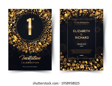 1st year birthday vector black paper luxury invitation double card. One
year wedding anniversary celebration brochure. Template of invitational for print on dark background with bokeh lights 
