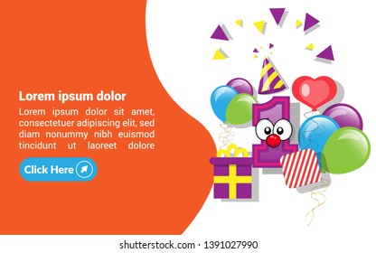1st year Celebration Design with balloons and gift box. can be used as greeting card for first birthday