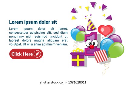 1st year Celebration Design with balloons and gift box. can be used as greeting card for first birthday