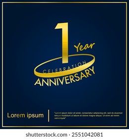 1st year elegant anniversary celebration emblem. golden anniversary logo isolated with oval ring on dark blue background. vector illustration template design for web, flyers, poster, invitation card, 