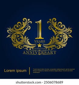 1st year elegant golden anniversary celebration emblem logo isolated with brush-strokes rounded by ornate swirls and flourishes. vector illustration template design for web, flyers, poster, greeting 