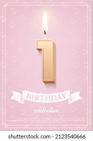 1st Year, First Anniversary Event Celebration, Birthday Greeting Card For Baby Vector Illustration. 3d 1 Number Candle With Flame For Cake Or Cupcake, Lettering On Grunge Ribbon On Pink Background