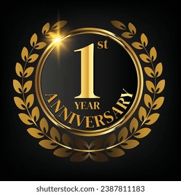 1st year golden anniversary logo,with Laurel Wreath and gold ribbon Vector Illustration
