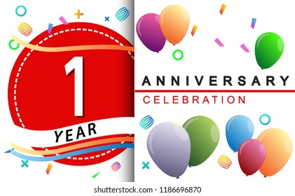 1st years anniversary celebration with colorful balloons and confetti, design for greeting card birthday celebration