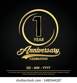 1st years anniversary celebration emblem. anniversary logo with elegance of golden ring on black background, vector illustration template design for celebration greeting card and invitation card