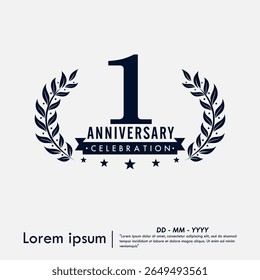 1st years anniversary celebration emblem. congratulations anniversary logo isolated with ribbon and laurel wreath on white background. vector illustration template design for web banner
