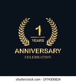 1st years anniversary celebration logo golden colour , laurel wreath invitation card, and greeting card, vector design template.