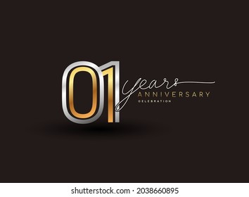 1st years anniversary logotype with multiple line silver and golden color isolated on black background for celebration event.