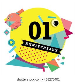 1st years greeting card anniversary with colorful number and frame. logo and icon with circle badge and background