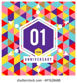 1st years greeting card anniversary with colorful number and frame. logo and icon with Memphis style cover and design template