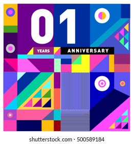 1st years greeting card anniversary with colorful number and frame. logo and icon with Memphis style cover and design template