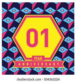 1st years greeting card anniversary with colorful number and frame. logo and icon with Memphis style cover and design template