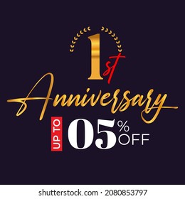 1st-anniversary golden wreath logo and up to 5% off the black background	