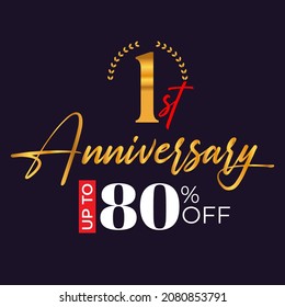 1st-anniversary golden wreath logo and up to 80% off the black background	