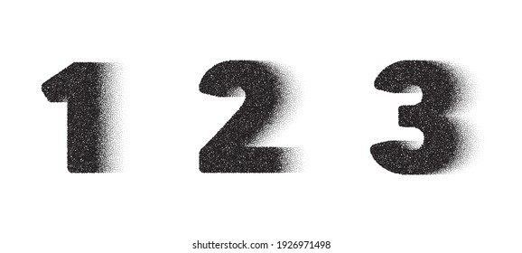 1.ª, 2ª y 3ª Dotwork número. 123 dígitos de puntos de peinado acústico. Efecto grano de arena. Pancarta de puntos negros. Número de trabajo de resumen de ruido. Dígitos rígidos. numeral de 1, 2 y 3 puntos. Vector