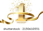 1th Anniversary celebration. Gold numbers with glitter gold confetti, serpentine. Festive background. Decoration for party event. One year jubilee celebration. Vector illustration.