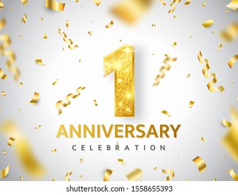 1th Anniversary celebration. Gold numbers with glitter gold confetti, serpentine. Festive background. Decoration for party event. One year jubilee celebration. Vector illustration.