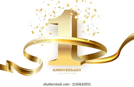 1th Anniversary celebration. Gold numbers with glitter gold confetti, serpentine. Festive background. Decoration for party event. One year jubilee celebration. Vector illustration. - Shutterstock ID 2150610551