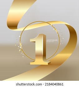 1th Anniversary celebration. Gold numbers with glitter gold confetti, serpentine. Festive background. Decoration for party event. One year jubilee celebration. Vector illustration. - Shutterstock ID 2184040861