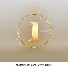1th Anniversary celebration. Gold numbers with glitter gold confetti, serpentine. Festive background. Decoration for party event. One year jubilee celebration. Vector illustration.