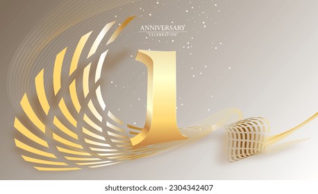 1th Anniversary celebration. Gold numbers with glitter gold confetti, serpentine. Festive background. Decoration for party event.