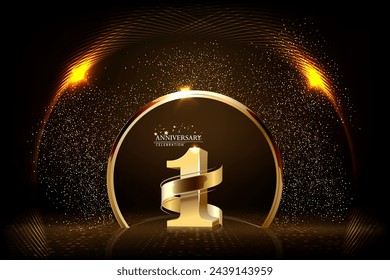 1th Anniversary celebration. Gold numbers with glitter gold confetti, serpentine. Festive background. Decoration for party event. One year jubilee celebration. Vector illustration.