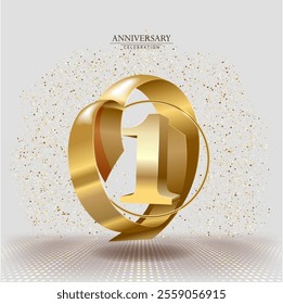 1th Anniversary celebration. Gold numbers with glitter gold confetti, serpentine. Festive background. Decoration for party event. One year jubilee celebration. Vector illustration.