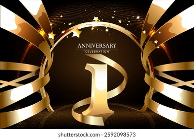 1th Anniversary celebration. Gold numbers with glitter gold confetti, serpentine. Festive background. Decoration for party event. One year jubilee celebration. Vector illustration.