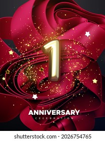 1th Anniversary celebration. Golden number 1 with sparkling confetti, stars, glitters on red fabric ruffles background. Vector festive illustration. Birthday or wedding party event decoration.