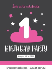 1th birthday card for girl in black and pink color with cloud and stars