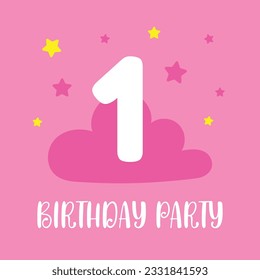 1th birthday poster on pink color with cloud and stars