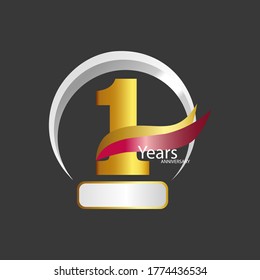 1th. First year anniversary of retro isolated vector emblem. 1 vintage logo with a circle and gold ribbon on a dark background