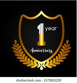 1th gold anniversary celebration logo with golden color and laurel wreath vector design