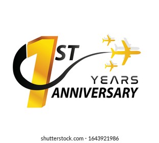 1th - logo first year aircraft aviation company anniversary, badge isolated on white background - Vector