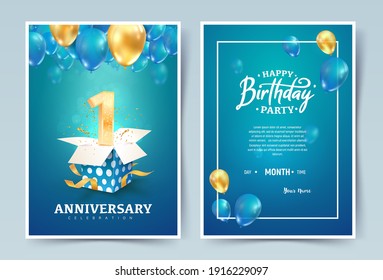 1th years birthday vector invitation double card. One years anniversary celebration brochure. Template of invitational for print on blue background