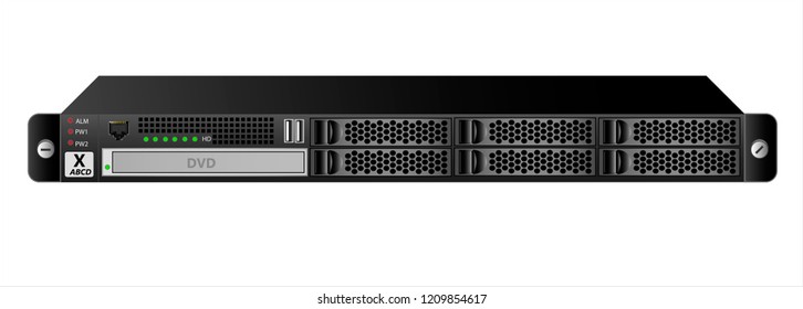 The 1u server for mounting into a 19 inch rack with six 2.5 inch hard drives and an optical drive. Black on a white background. Vector illustration. svg
