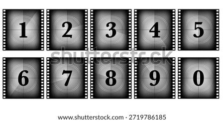 1x1 film countdown timer design with old movie numbers and retro screen frames. Square filmstrip layout for video intro, classic projector animation or Hollywood-style clip countdown
