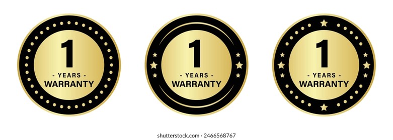 1-year warranty stamp logo in three different styles with stars to ensure product quality, available in gold and black colors.
