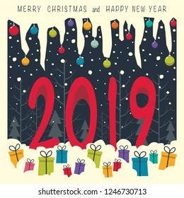 2, 0 ,1 ,9 red standing in the snow in a night forest . on the snow lie colors gift boxes with gifts. In the top of the image and the icicles and phrase merry Christmas and a happy New year.