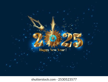 2 0 2 5 happy new year background with golden numbers and a clockwork mechanism in the starry sky
