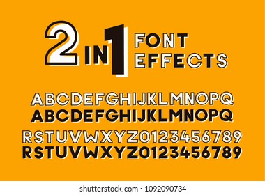 2 in 1 font effects. Set of two sans serif alphabet graphic styles. Outline and bold shadow. Vector design screen printing poster vintage retro style. Great for headlines, titles, display.